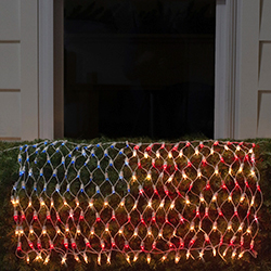 red, white & blue American flag net lights