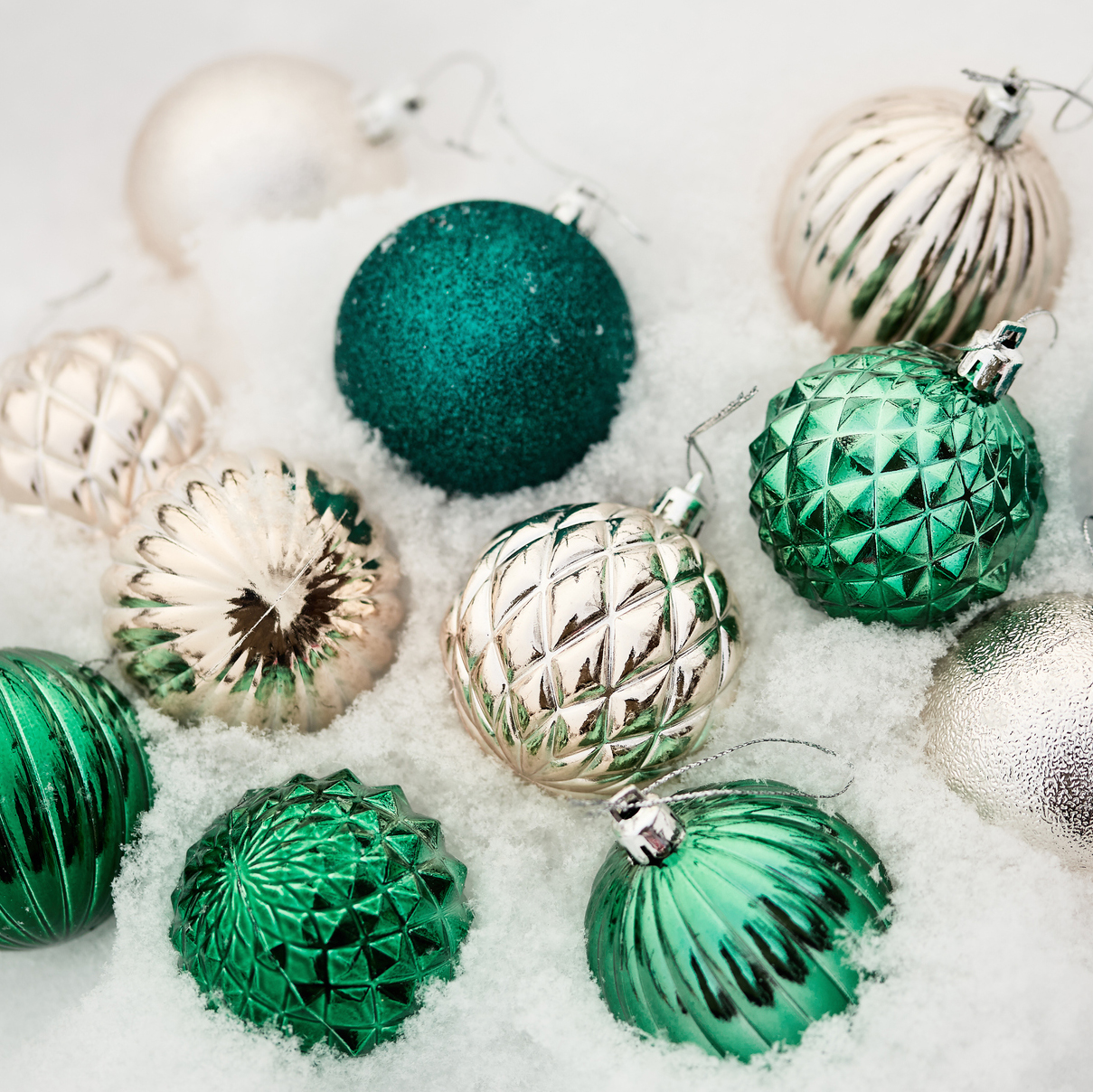 emerald green and silver Christmas ornaments