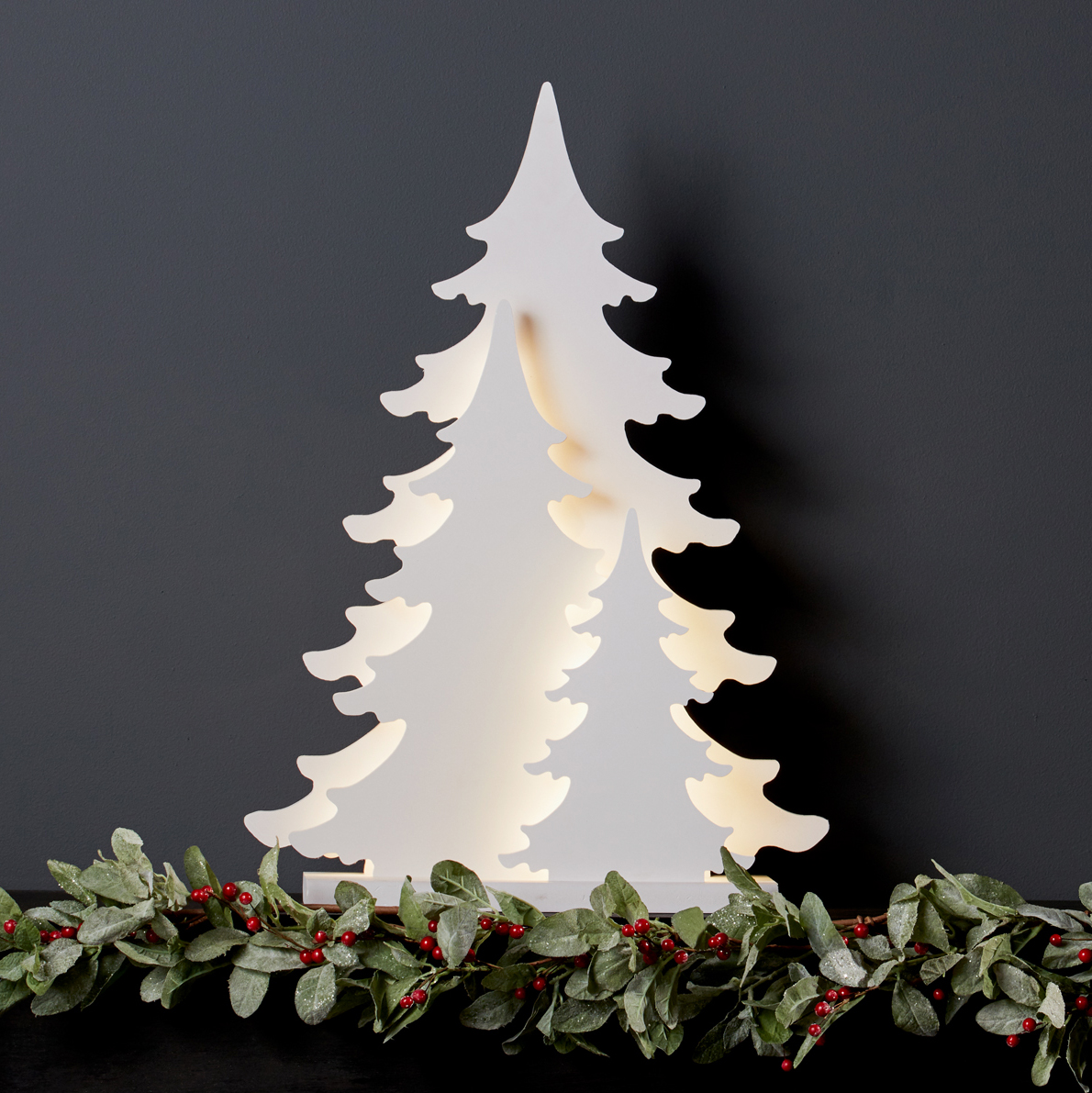 white lighted tabletop Christmas tree trio